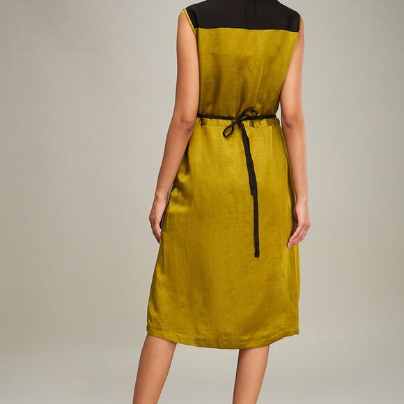 Off-White & Green Handloom Net Applique Embroidered Dress - Picture 2 of 5